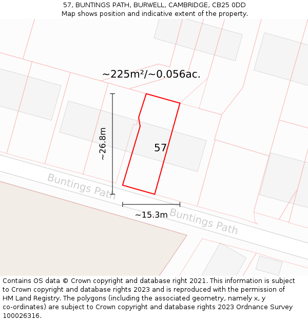 57, BUNTINGS PATH, BURWELL, CAMBRIDGE, CB25 0DD: Plot and title map