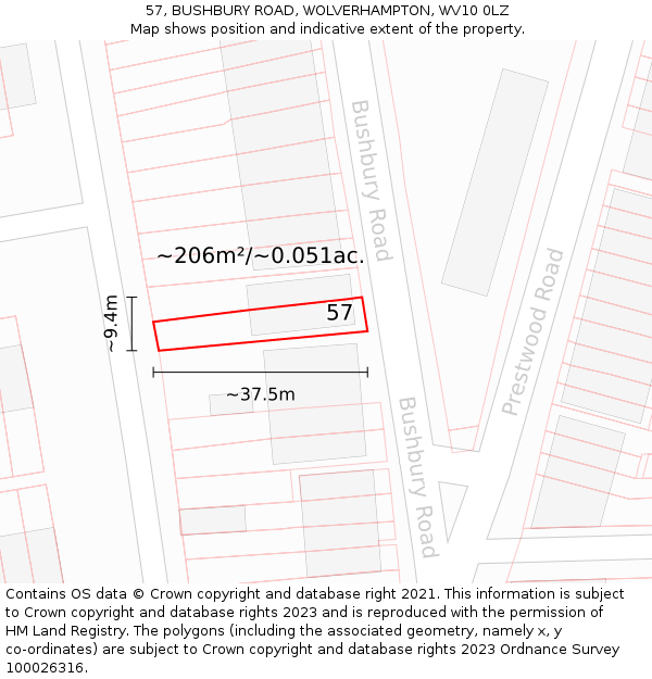 57, BUSHBURY ROAD, WOLVERHAMPTON, WV10 0LZ: Plot and title map