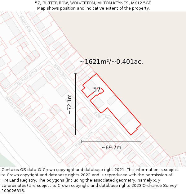 57, BUTTER ROW, WOLVERTON, MILTON KEYNES, MK12 5GB: Plot and title map