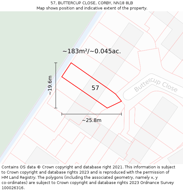 57, BUTTERCUP CLOSE, CORBY, NN18 8LB: Plot and title map