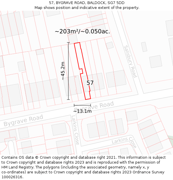 57, BYGRAVE ROAD, BALDOCK, SG7 5DD: Plot and title map
