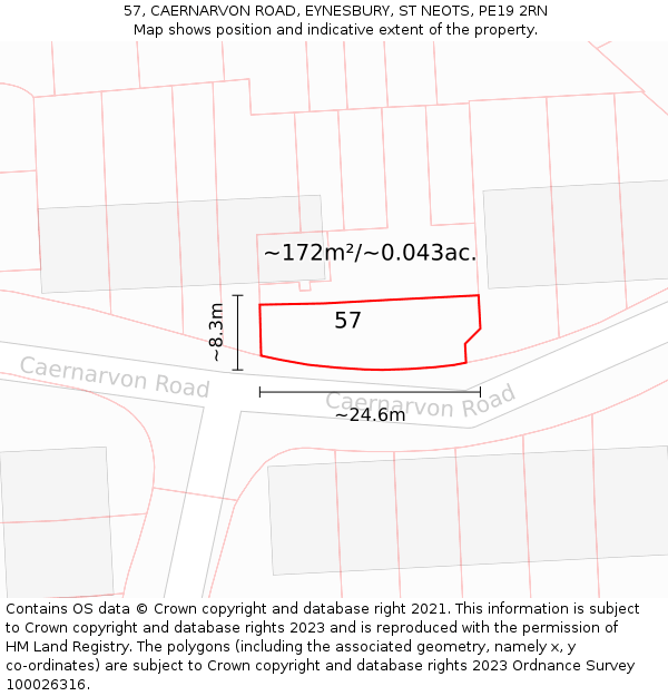 57, CAERNARVON ROAD, EYNESBURY, ST NEOTS, PE19 2RN: Plot and title map