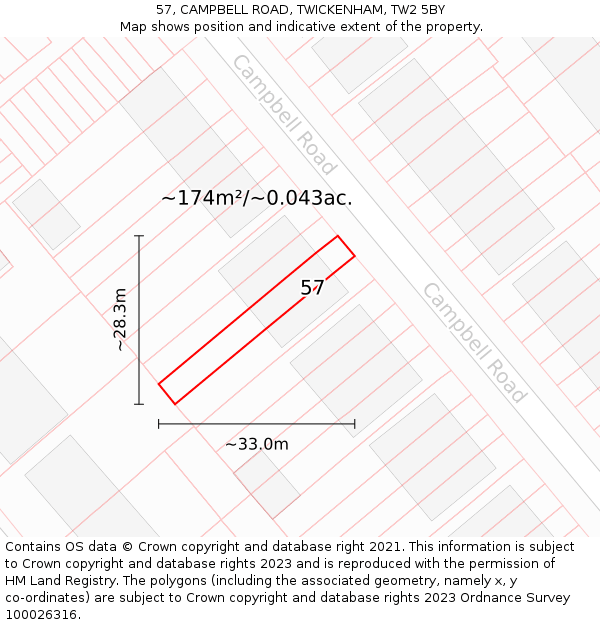 57, CAMPBELL ROAD, TWICKENHAM, TW2 5BY: Plot and title map