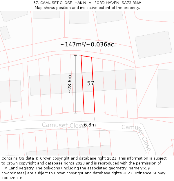 57, CAMUSET CLOSE, HAKIN, MILFORD HAVEN, SA73 3NW: Plot and title map