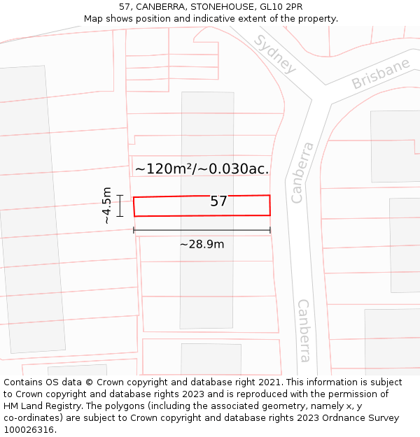57, CANBERRA, STONEHOUSE, GL10 2PR: Plot and title map