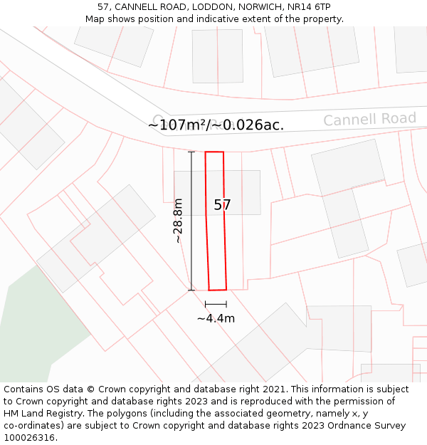 57, CANNELL ROAD, LODDON, NORWICH, NR14 6TP: Plot and title map