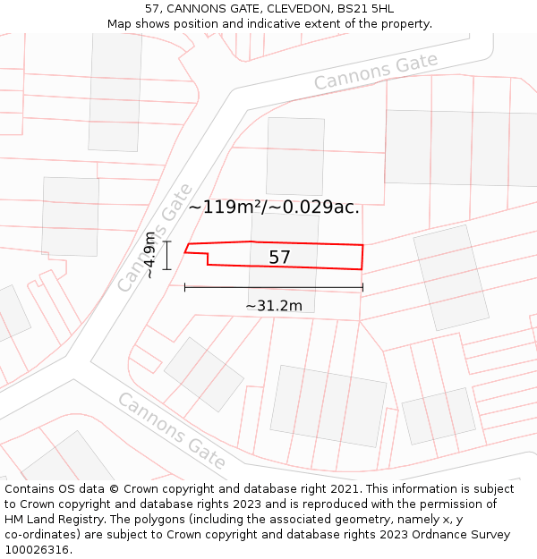 57, CANNONS GATE, CLEVEDON, BS21 5HL: Plot and title map