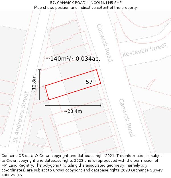 57, CANWICK ROAD, LINCOLN, LN5 8HE: Plot and title map
