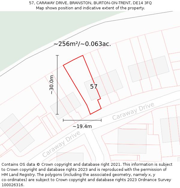 57, CARAWAY DRIVE, BRANSTON, BURTON-ON-TRENT, DE14 3FQ: Plot and title map