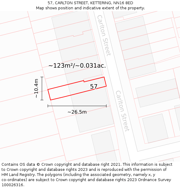 57, CARLTON STREET, KETTERING, NN16 8ED: Plot and title map