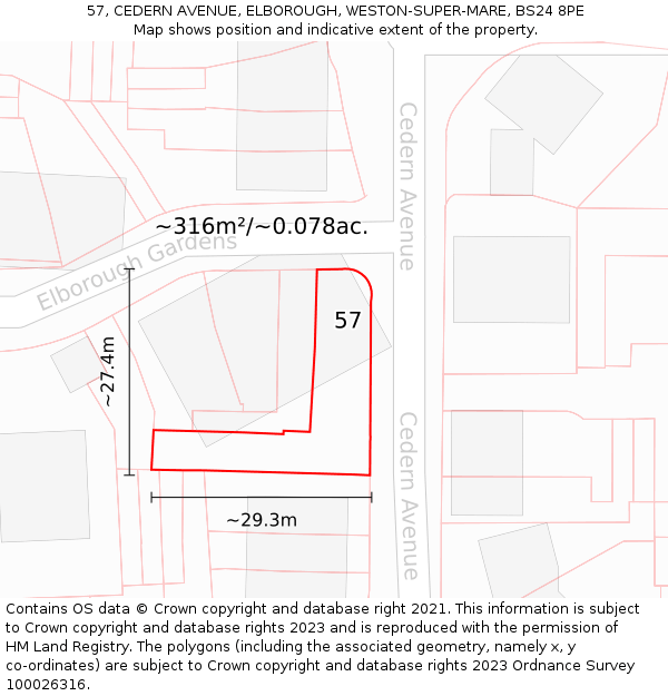 57, CEDERN AVENUE, ELBOROUGH, WESTON-SUPER-MARE, BS24 8PE: Plot and title map