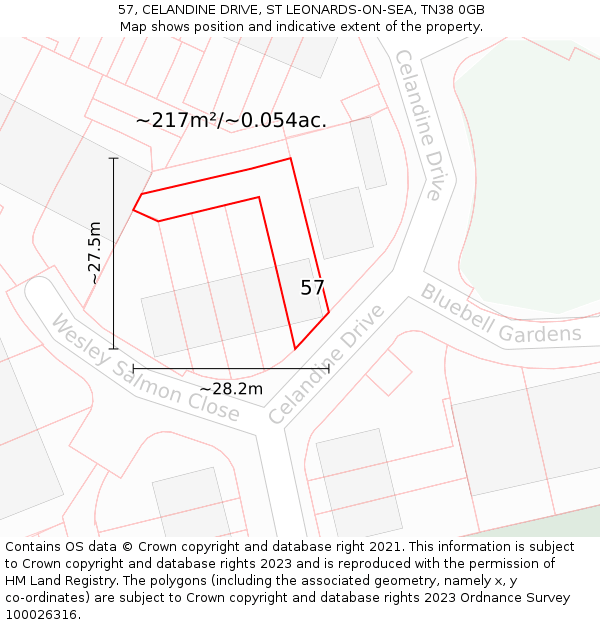 57, CELANDINE DRIVE, ST LEONARDS-ON-SEA, TN38 0GB: Plot and title map