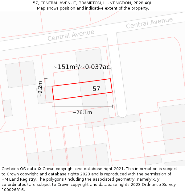 57, CENTRAL AVENUE, BRAMPTON, HUNTINGDON, PE28 4QL: Plot and title map
