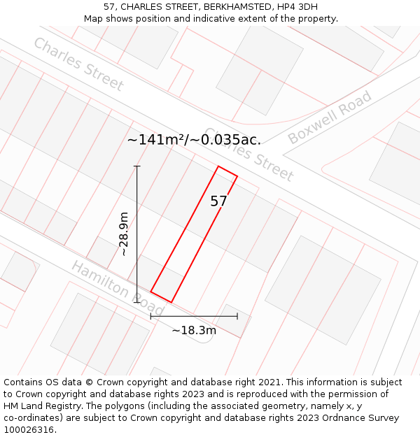 57, CHARLES STREET, BERKHAMSTED, HP4 3DH: Plot and title map