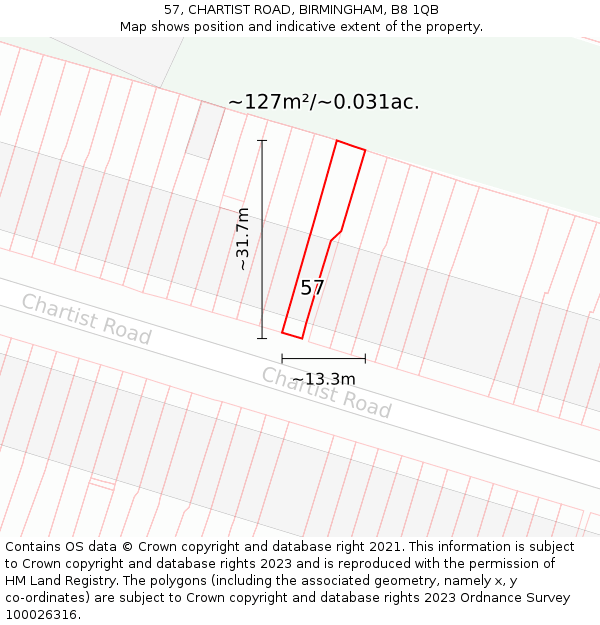 57, CHARTIST ROAD, BIRMINGHAM, B8 1QB: Plot and title map
