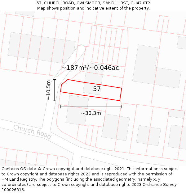 57, CHURCH ROAD, OWLSMOOR, SANDHURST, GU47 0TP: Plot and title map