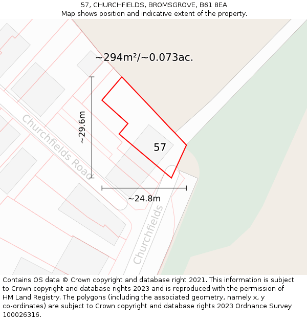 57, CHURCHFIELDS, BROMSGROVE, B61 8EA: Plot and title map
