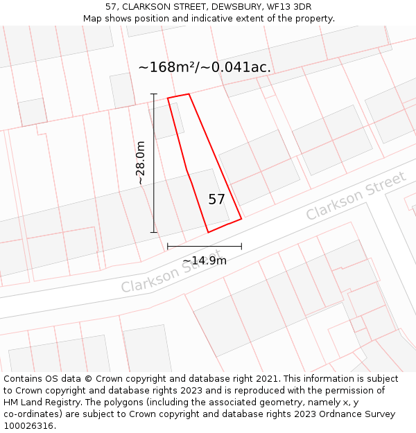 57, CLARKSON STREET, DEWSBURY, WF13 3DR: Plot and title map