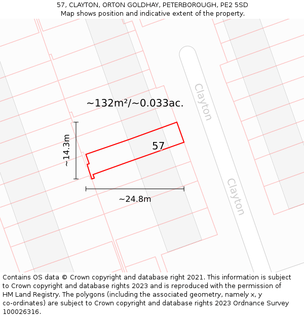 57, CLAYTON, ORTON GOLDHAY, PETERBOROUGH, PE2 5SD: Plot and title map