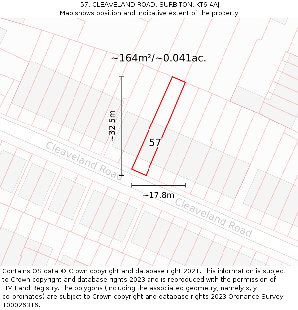 57, CLEAVELAND ROAD, SURBITON, KT6 4AJ: Plot and title map