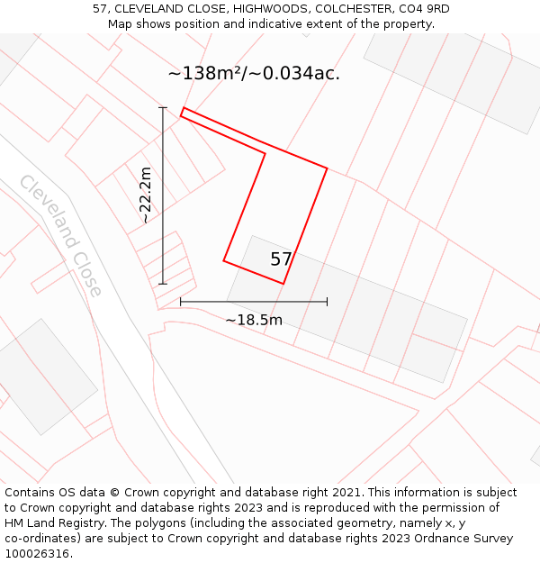 57, CLEVELAND CLOSE, HIGHWOODS, COLCHESTER, CO4 9RD: Plot and title map