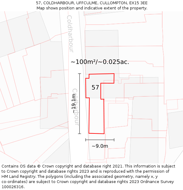 57, COLDHARBOUR, UFFCULME, CULLOMPTON, EX15 3EE: Plot and title map