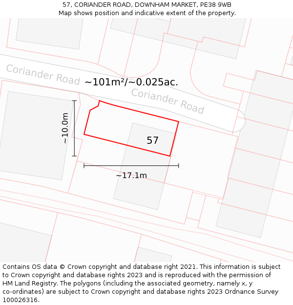 57, CORIANDER ROAD, DOWNHAM MARKET, PE38 9WB: Plot and title map