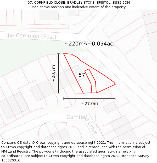 57, CORNFIELD CLOSE, BRADLEY STOKE, BRISTOL, BS32 9DN: Plot and title map