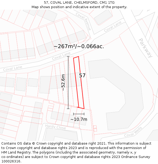 57, COVAL LANE, CHELMSFORD, CM1 1TG: Plot and title map