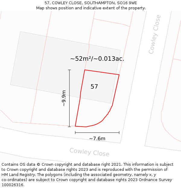 57, COWLEY CLOSE, SOUTHAMPTON, SO16 9WE: Plot and title map