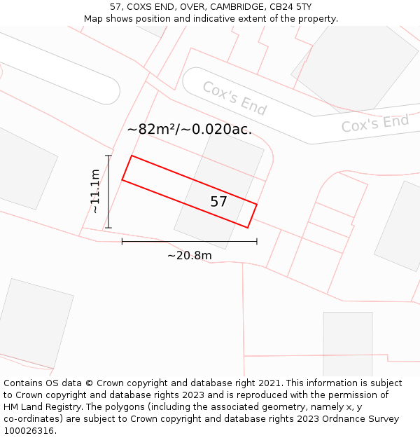 57, COXS END, OVER, CAMBRIDGE, CB24 5TY: Plot and title map