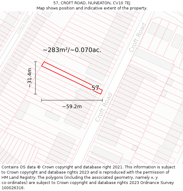 57, CROFT ROAD, NUNEATON, CV10 7EJ: Plot and title map