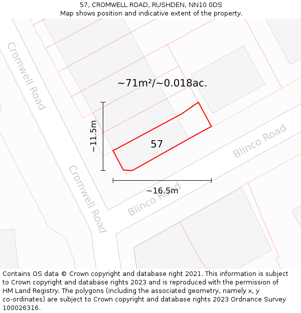 57, CROMWELL ROAD, RUSHDEN, NN10 0DS: Plot and title map