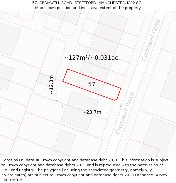 57, CROMWELL ROAD, STRETFORD, MANCHESTER, M32 8GH: Plot and title map