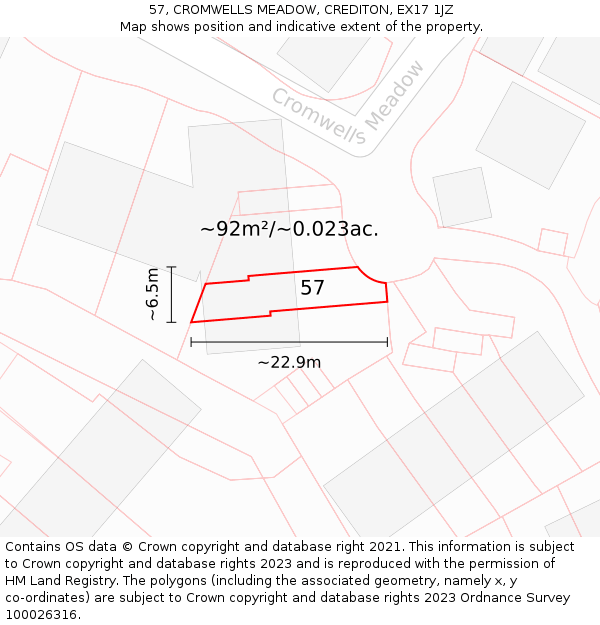 57, CROMWELLS MEADOW, CREDITON, EX17 1JZ: Plot and title map