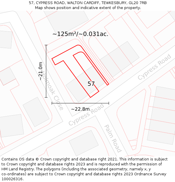57, CYPRESS ROAD, WALTON CARDIFF, TEWKESBURY, GL20 7RB: Plot and title map