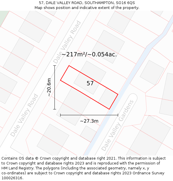 57, DALE VALLEY ROAD, SOUTHAMPTON, SO16 6QS: Plot and title map