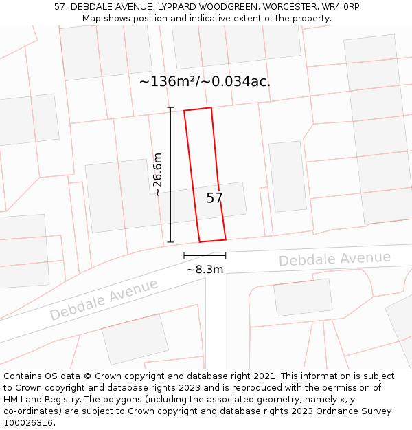 57, DEBDALE AVENUE, LYPPARD WOODGREEN, WORCESTER, WR4 0RP: Plot and title map