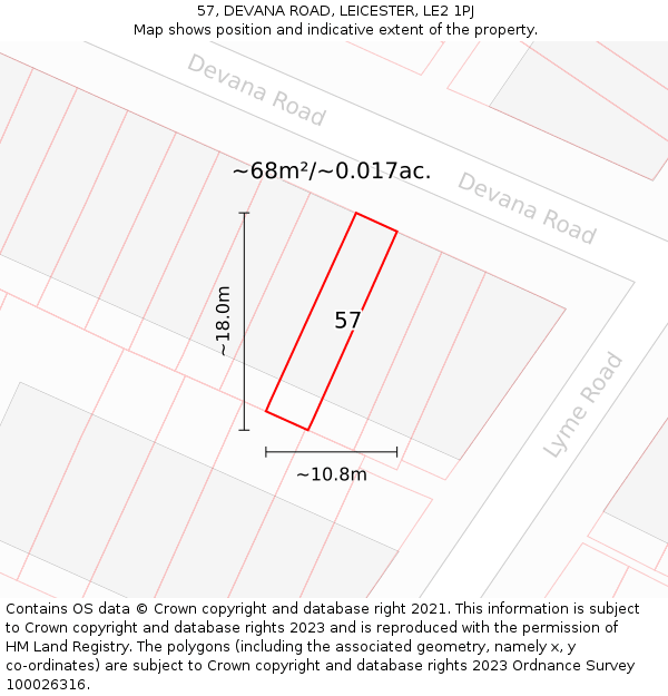 57, DEVANA ROAD, LEICESTER, LE2 1PJ: Plot and title map