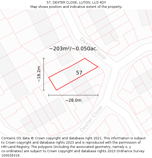 57, DEXTER CLOSE, LUTON, LU3 4DY: Plot and title map