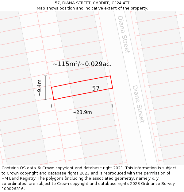 57, DIANA STREET, CARDIFF, CF24 4TT: Plot and title map