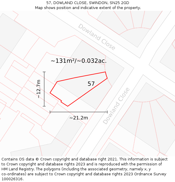 57, DOWLAND CLOSE, SWINDON, SN25 2GD: Plot and title map