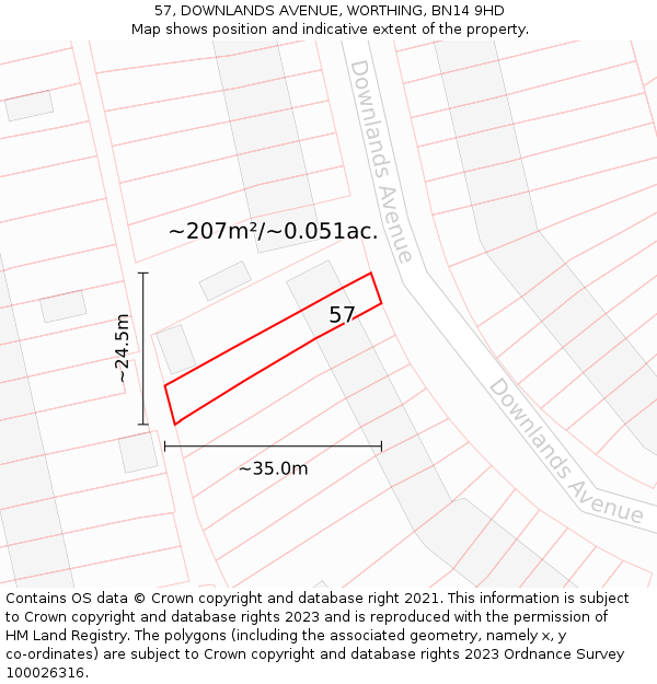 57, DOWNLANDS AVENUE, WORTHING, BN14 9HD: Plot and title map