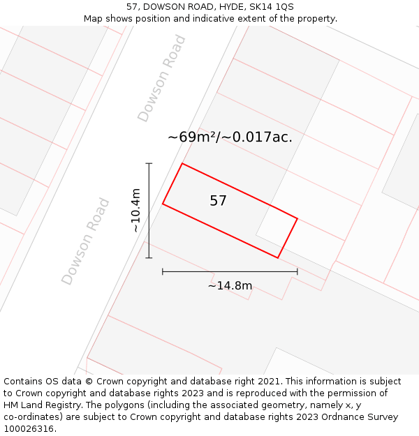 57, DOWSON ROAD, HYDE, SK14 1QS: Plot and title map