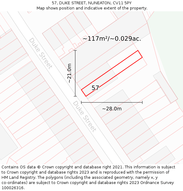 57, DUKE STREET, NUNEATON, CV11 5PY: Plot and title map