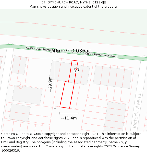 57, DYMCHURCH ROAD, HYTHE, CT21 6JE: Plot and title map