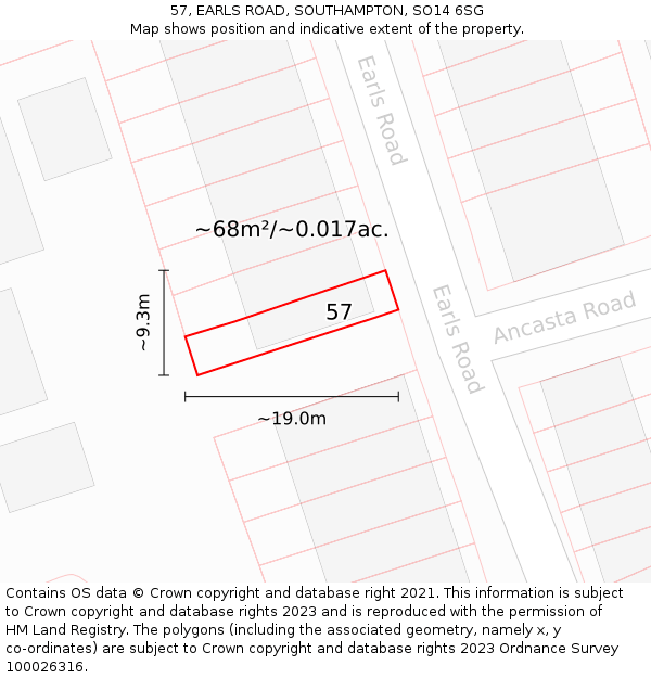 57, EARLS ROAD, SOUTHAMPTON, SO14 6SG: Plot and title map