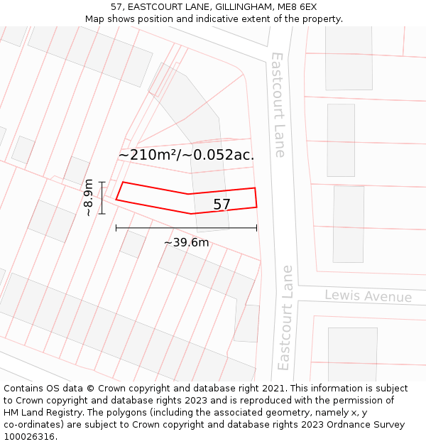 57, EASTCOURT LANE, GILLINGHAM, ME8 6EX: Plot and title map