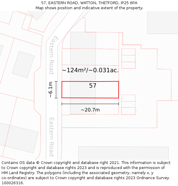 57, EASTERN ROAD, WATTON, THETFORD, IP25 6PA: Plot and title map