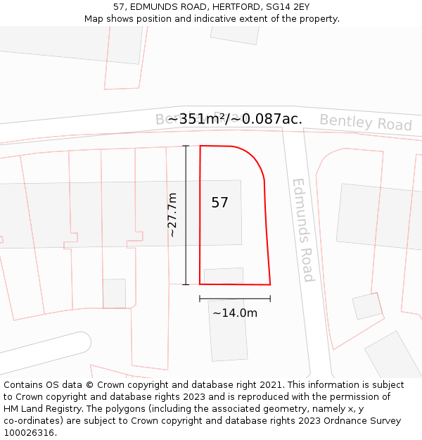 57, EDMUNDS ROAD, HERTFORD, SG14 2EY: Plot and title map
